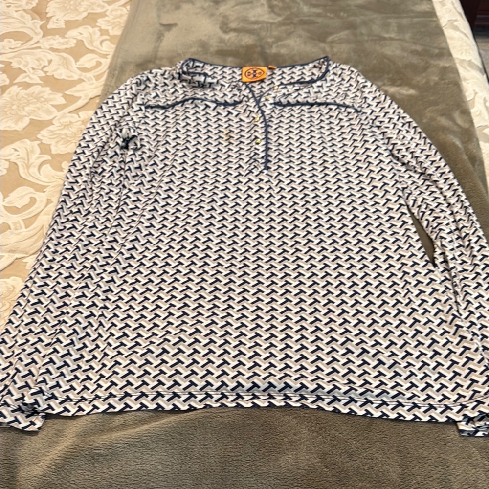 Tory Burch Navy and Cream Patterned Top
